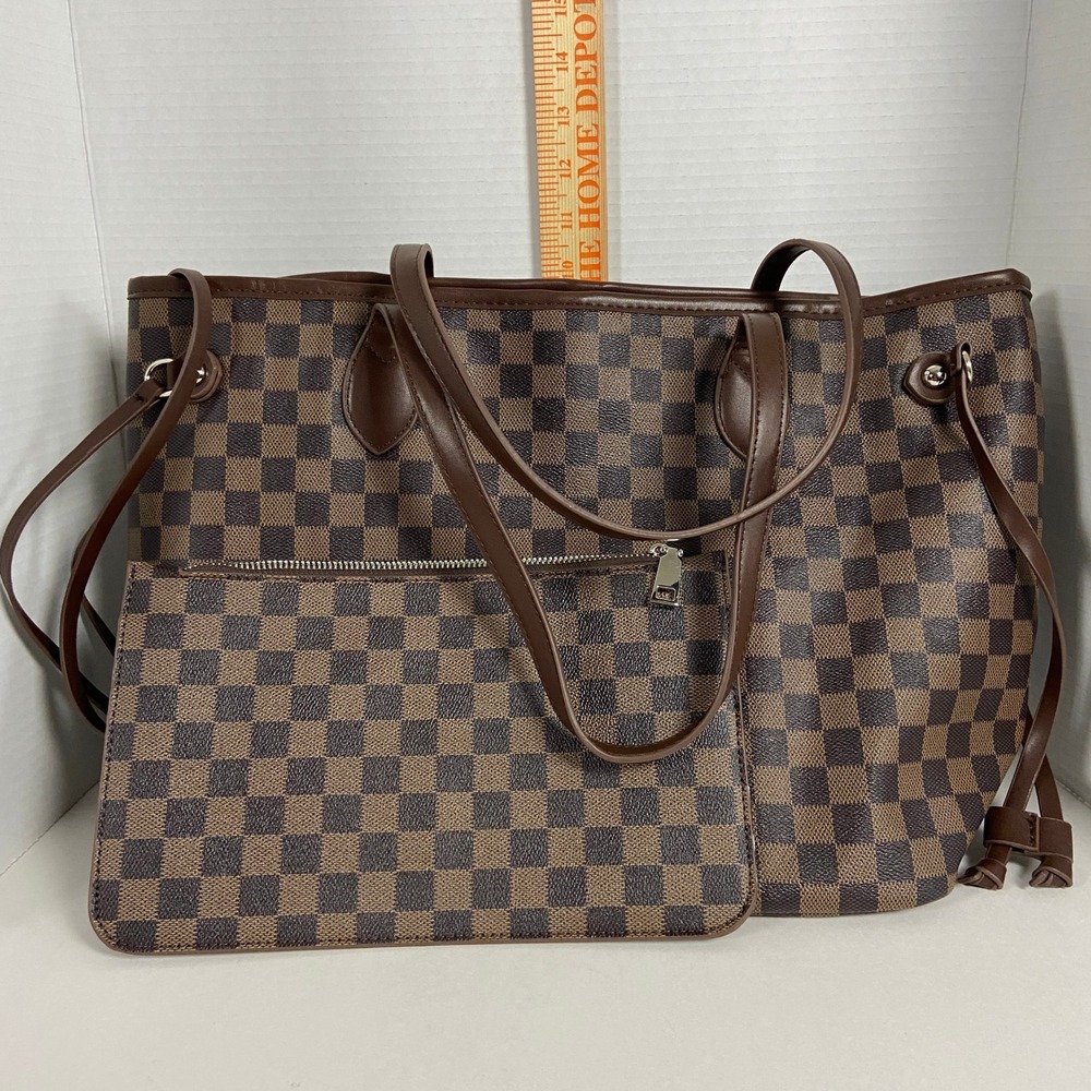 Unbranded Brown Checkerboard Tote Bag w/Matching Pouch Red Interior Shoulder Bag
